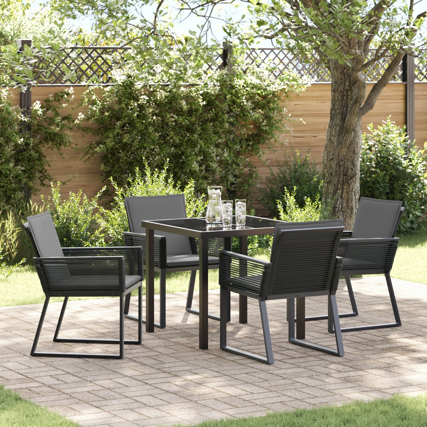 5-Delige Tuin Eetset Met Kussens Zwart Poly Rattan