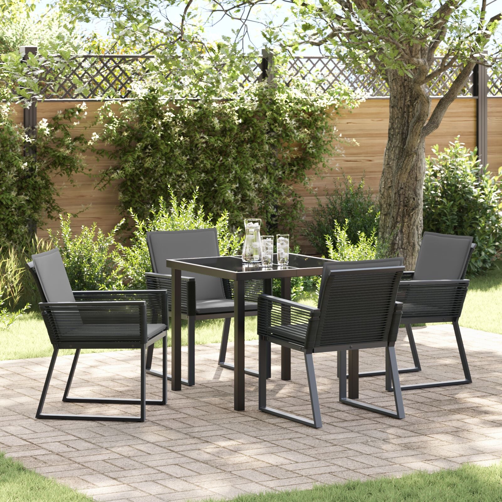 5-Delige Tuin Eetset Met Kussens Zwart Poly Rattan