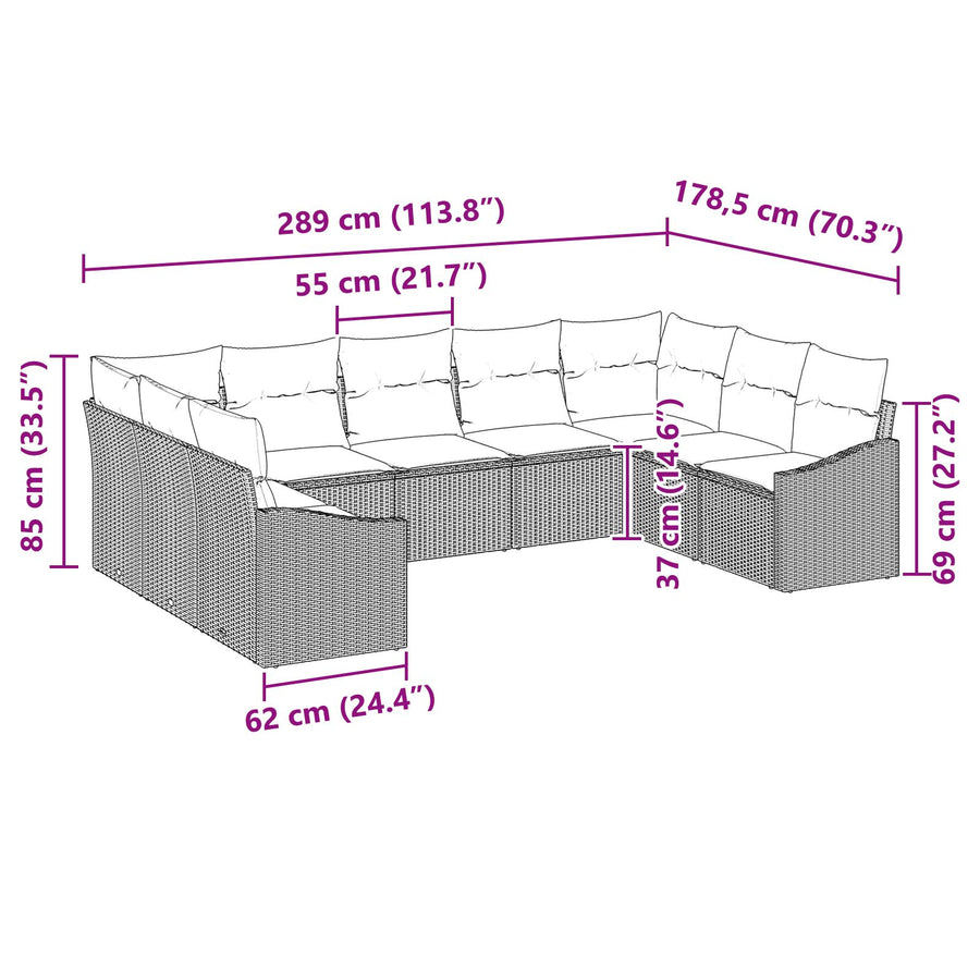 Tuin Sofa Set Set Van 9 Beige En Grijs Rattan, Polyester