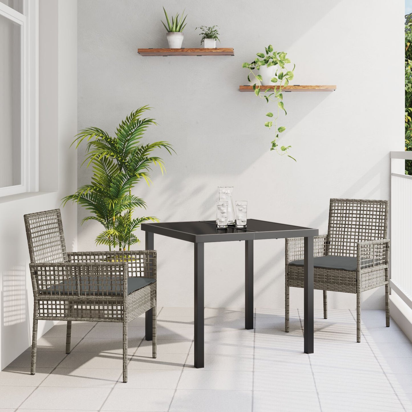 3-Delige Tuin Eettafel Set Met Kussens Grijs Poly Rattan