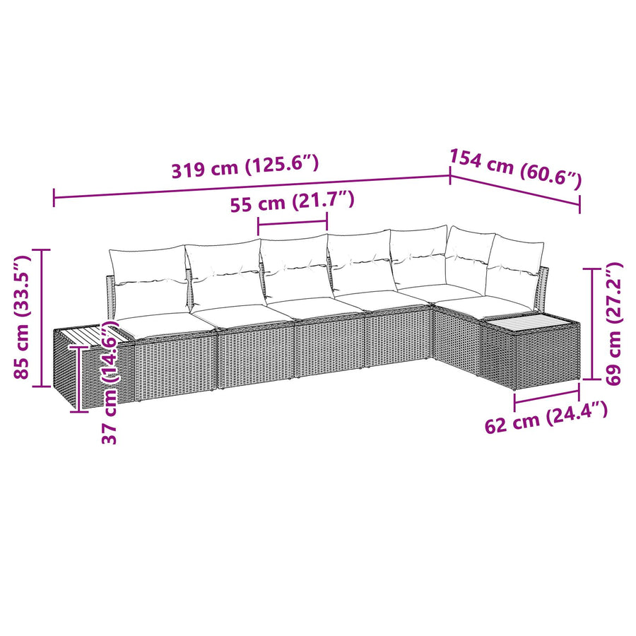 6-Delige Tuin Sofa Set Met Kussens Poly Rattan Acacia Grijs zonder tafel