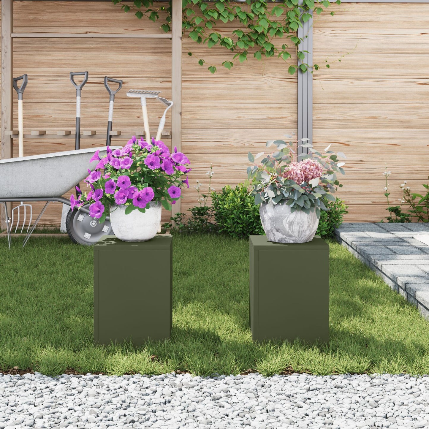 Buiten Plantstands Pilar 2 Stuks 24X24X35 Cm Staal Olijfgroen 2x (35 cm)