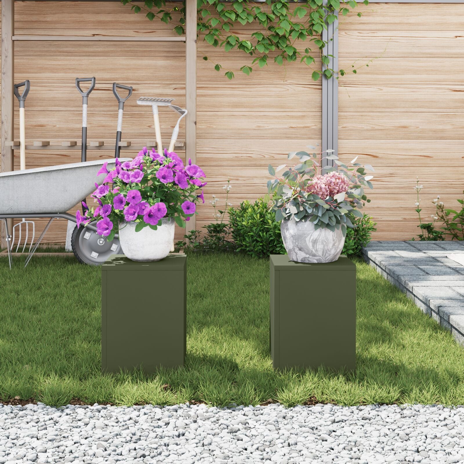 Buiten Plantstands Pilar 2 Stuks 24X24X35 Cm Staal Olijfgroen 2x (35 cm)