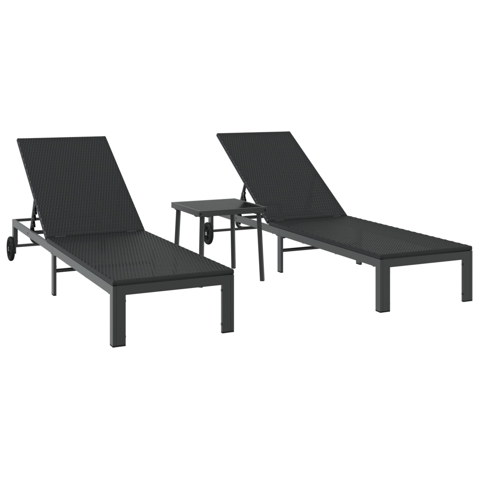 Zonnebedden 2 Stuks Met Wielen En Tafel Poly Rattan Zwart
