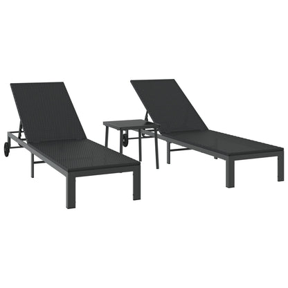 Zonnebedden 2 Stuks Met Wielen En Tafel Poly Rattan Zwart