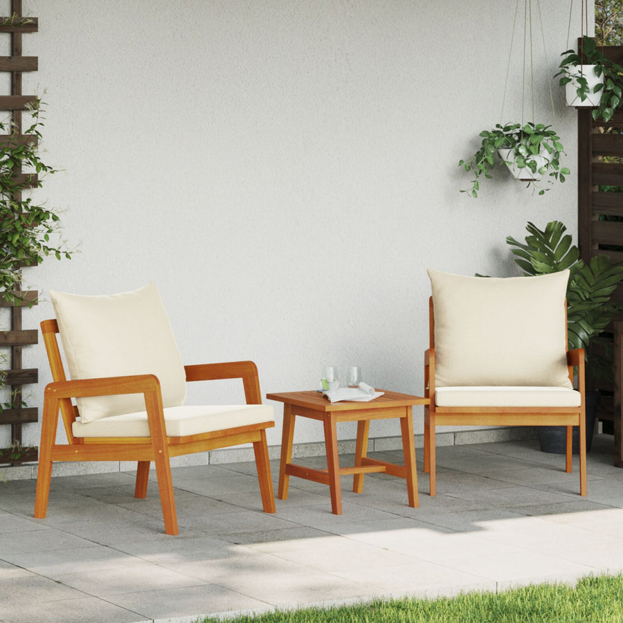 3-Delige Bistroset Met Kussens Van Massief Acaciahout Crème wit 2x stoelen + tafel