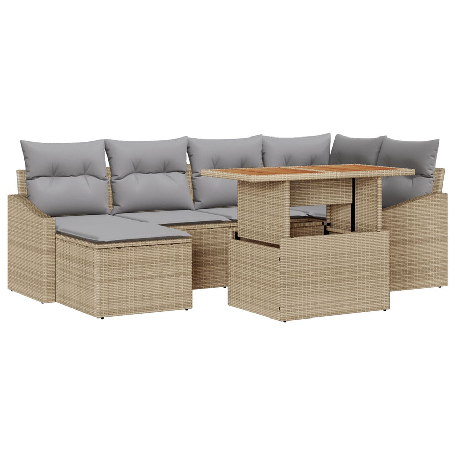 7 Delige Tuin Eettafel Set Met Kussens Beige Poly Rattan Acacia