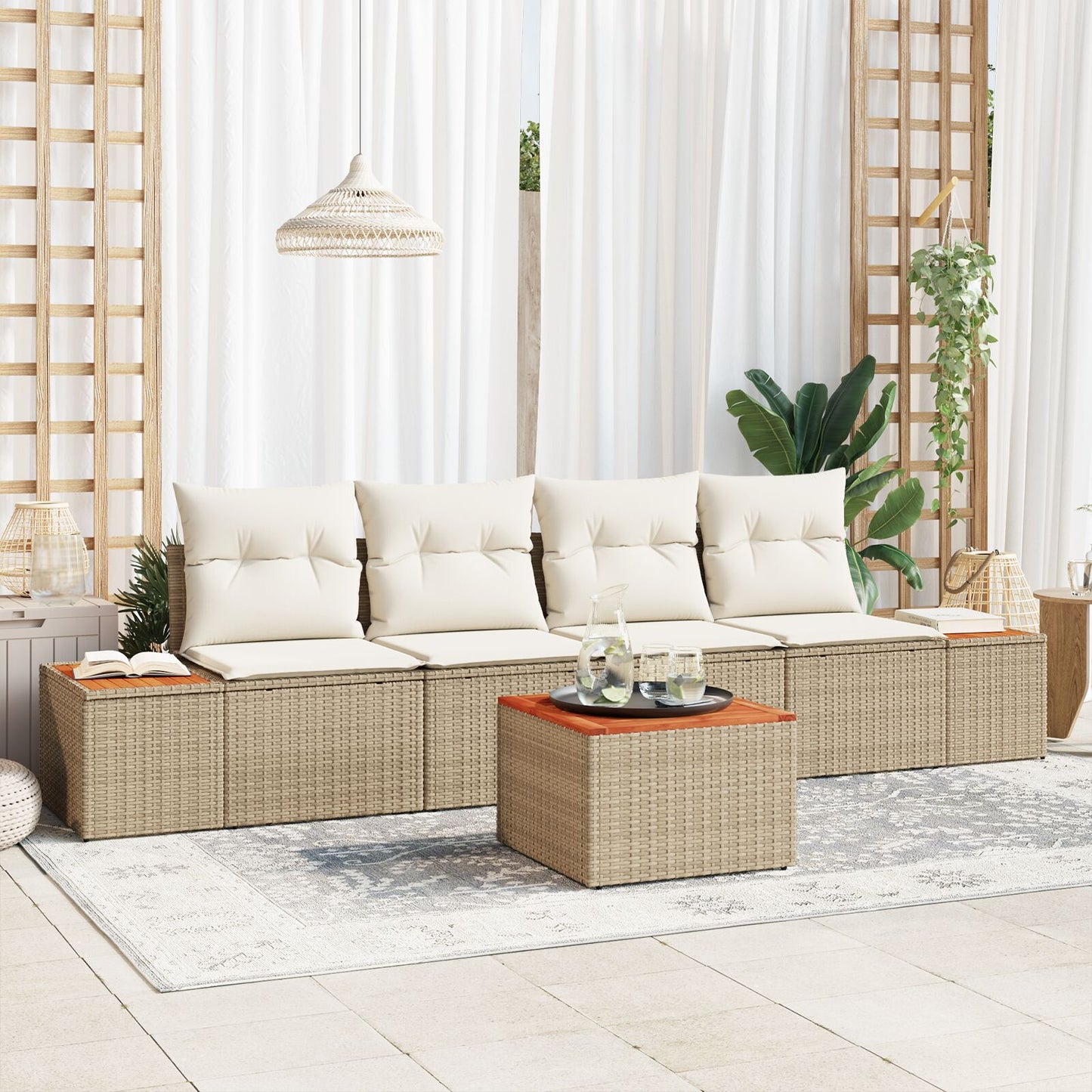 5-Delige Tuin Sofa Set Met Kussens Beige Poly Rattan Acacia