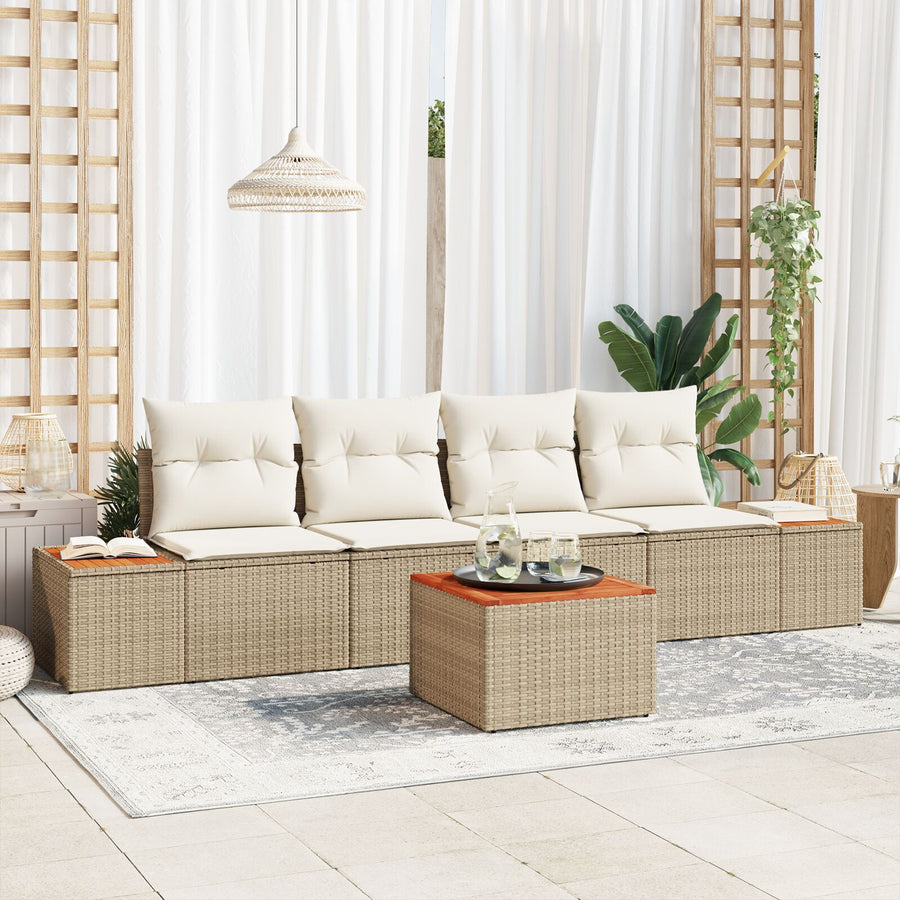 5-Delige Tuin Sofa Set Met Kussens Beige Poly Rattan Acacia