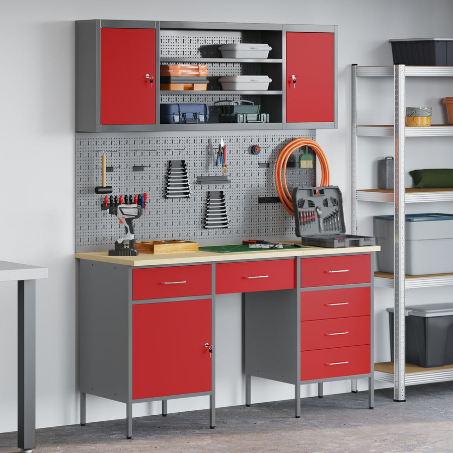 7-Delige Werkcabinet En Pegboard Set Rood Mdf En Metaal