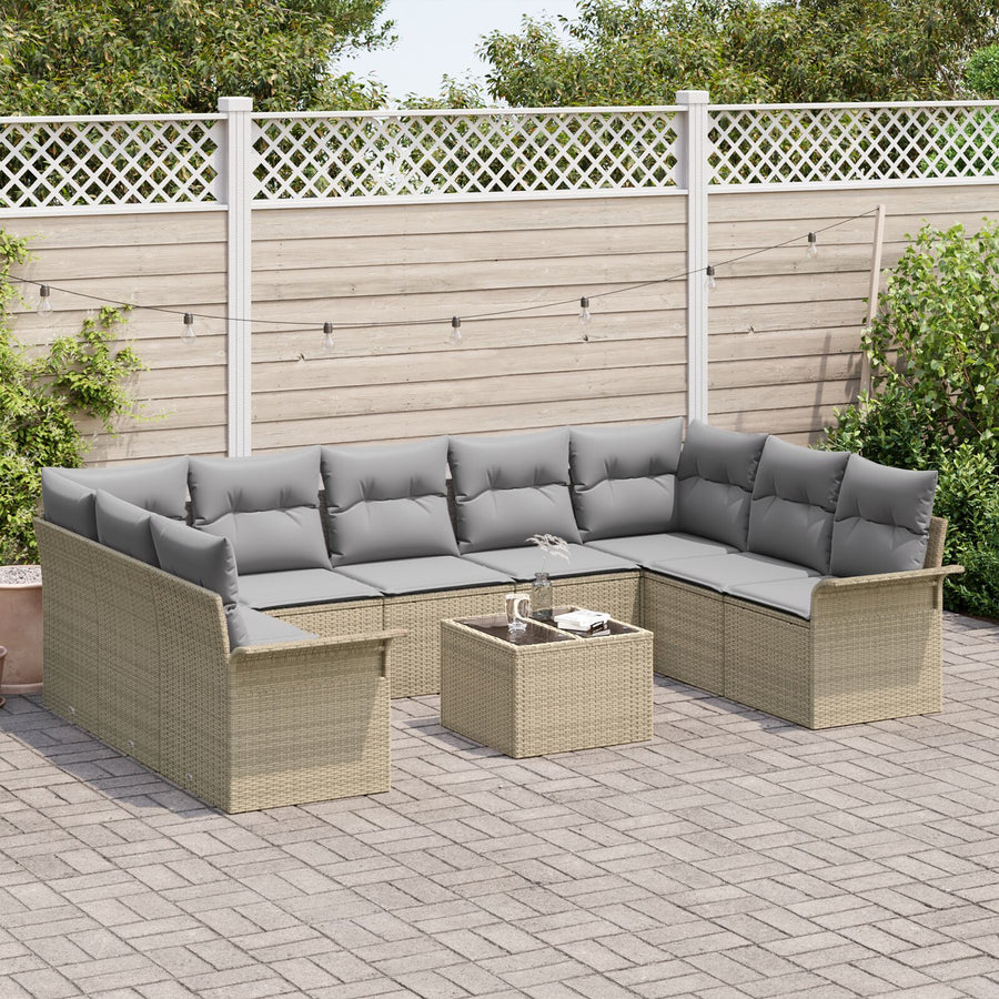 10-Delige Tuin Sofa Set Met Kussens Zwart Poly Rattan Beige en grijs met tafel