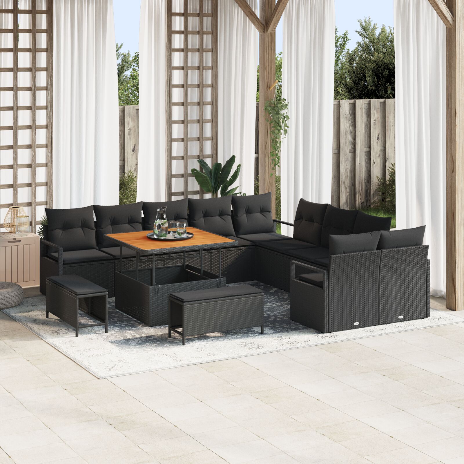 13-Delige Tuin Sofa Set Met Kussens Zwart Poly Rattan Acacia, 2-Zits Tuin Sofa Met Opbergruimte & Kussens Zwart Poly Rattan, 3-Delig Tuin Eetset Met Kussens Zwart Poly Rattan Acacia Wit