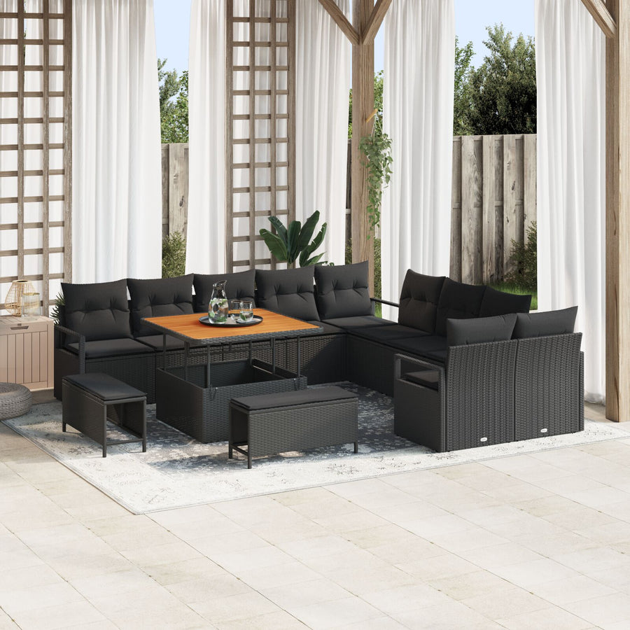 13-Delige Tuin Sofa Set Met Kussens Zwart Poly Rattan Acacia, 2-Zits Tuin Sofa Met Opbergruimte & Kussens Zwart Poly Rattan, 3-Delig Tuin Eetset Met Kussens Zwart Poly Rattan Acacia Wit