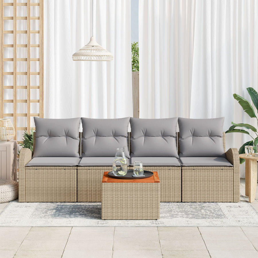 5-Delige Tuin Sofa Set Met Kussens Beige Poly Rattan Acacia
