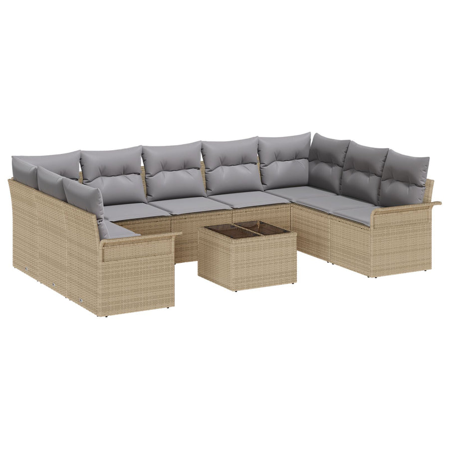 10-Delige Tuin Sofa Set Met Kussens Zwart Poly Rattan Beige en grijs met tafel