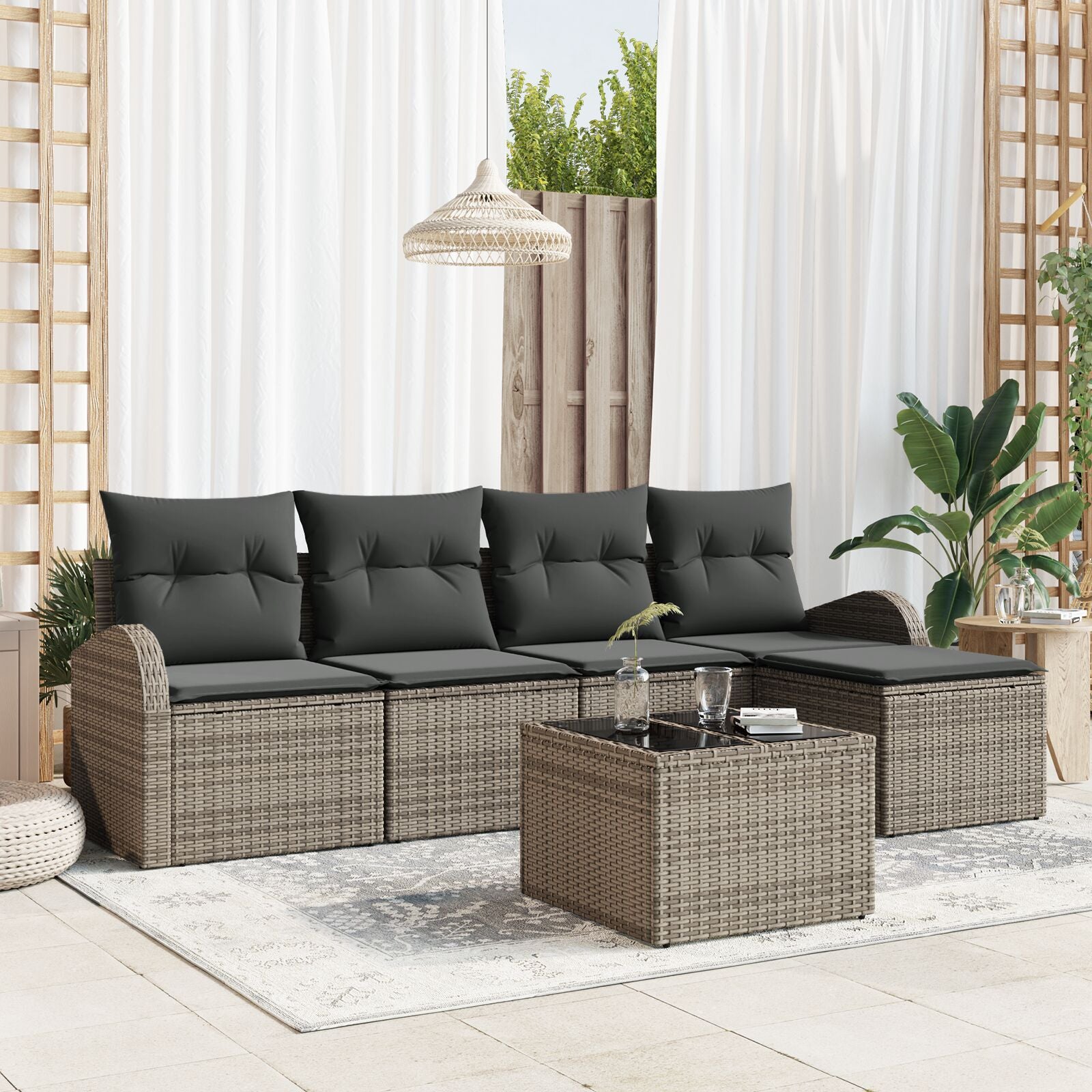 5-Delige Tuin Sofa Set Met Kussens Zwart Poly Rattan