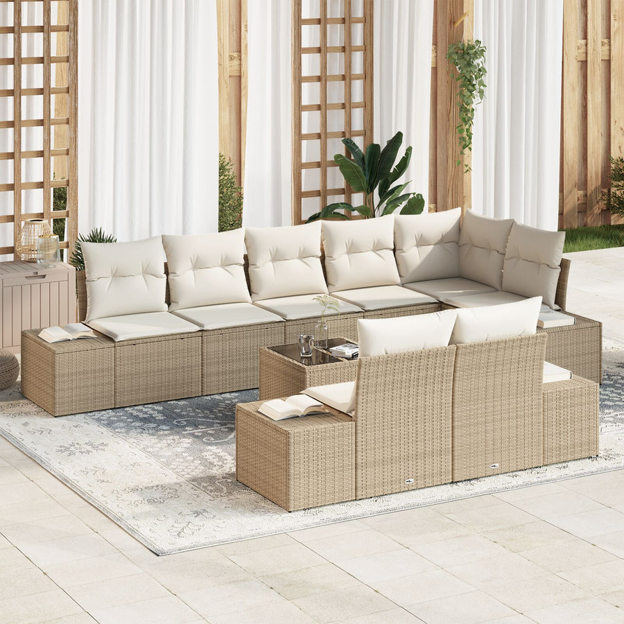 9-Delige Tuin Sofa Set Met Kussens Bruin Poly Riet Beige en wit met tafel