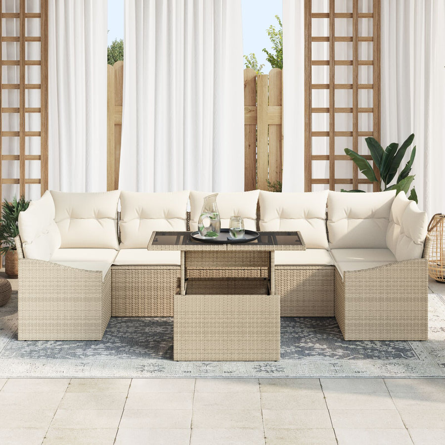 Tuinset Set Van 8 Beige, Crème Rattan, Polyester Buitentafel