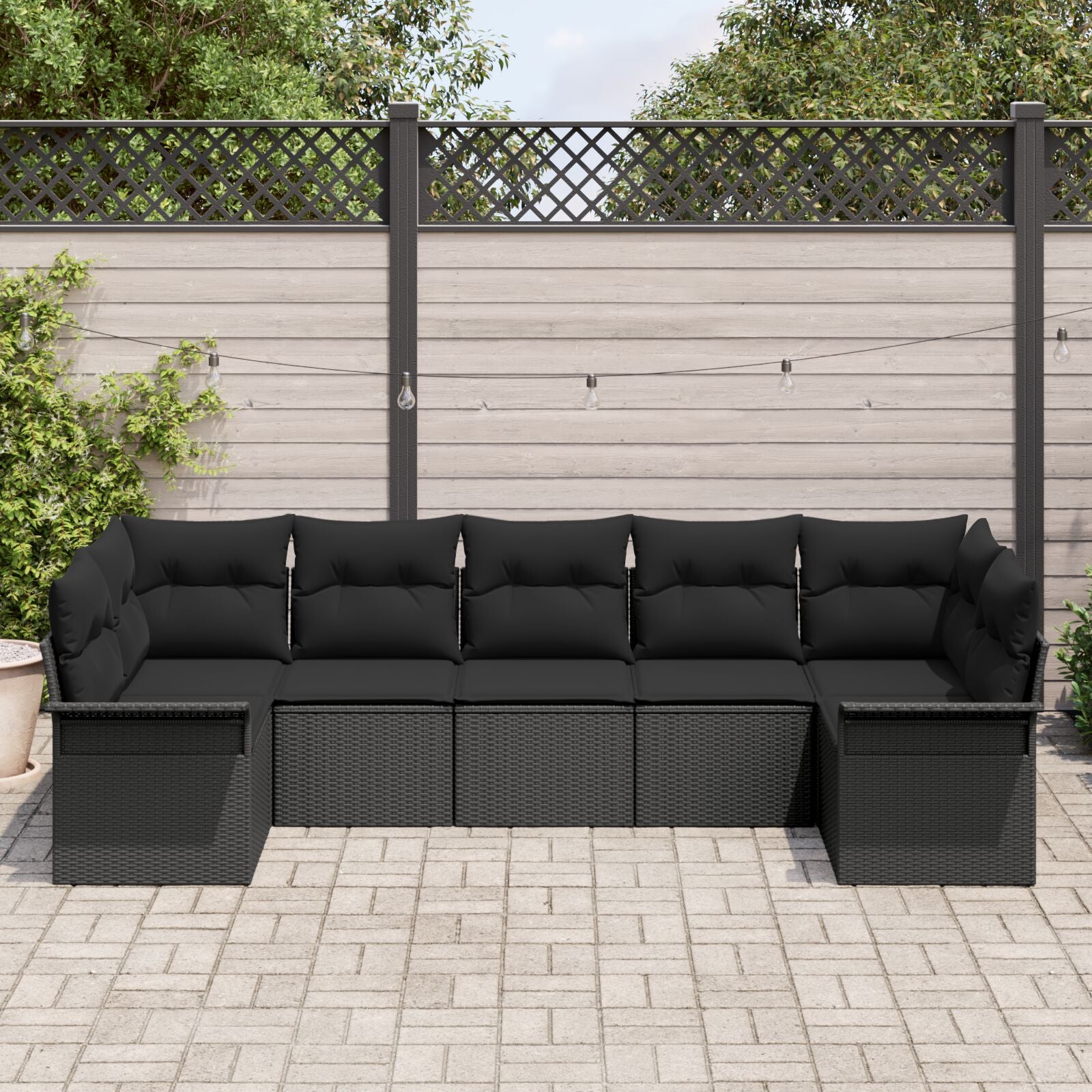 7-Delige Tuinbankset Met Kussens Zwart Poly Rattan