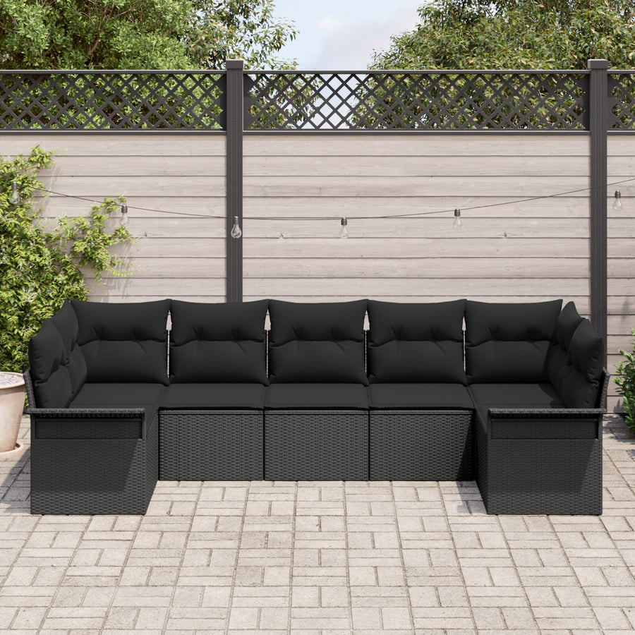7-Delige Tuinbankset Met Kussens Zwart Poly Rattan