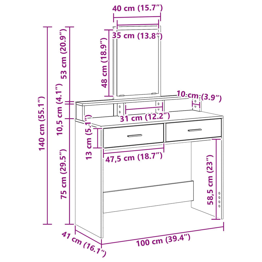 Kaptafel Met Lades Grijs Sonoma 100 x 41 x 140 cm Grijze sonoma