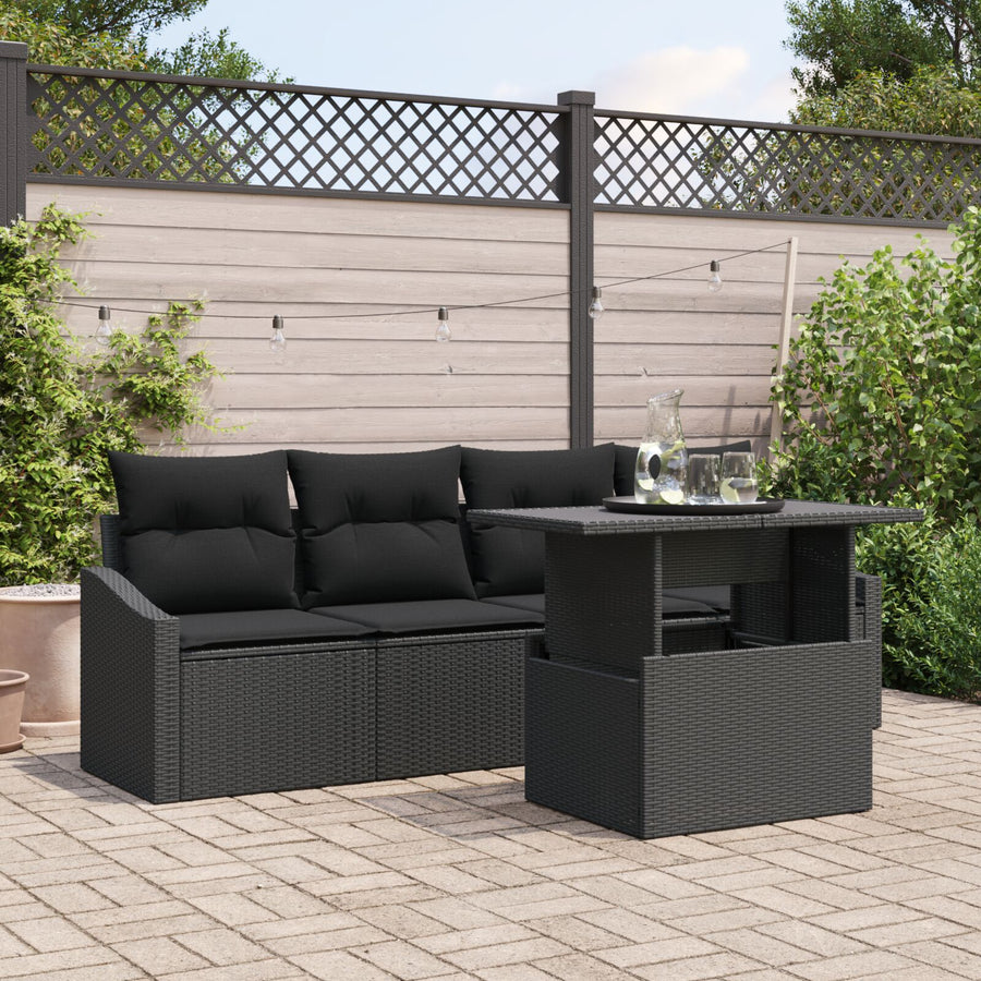 5-Delige Tuinbankset Met Kussens Zwart Poly Rattan