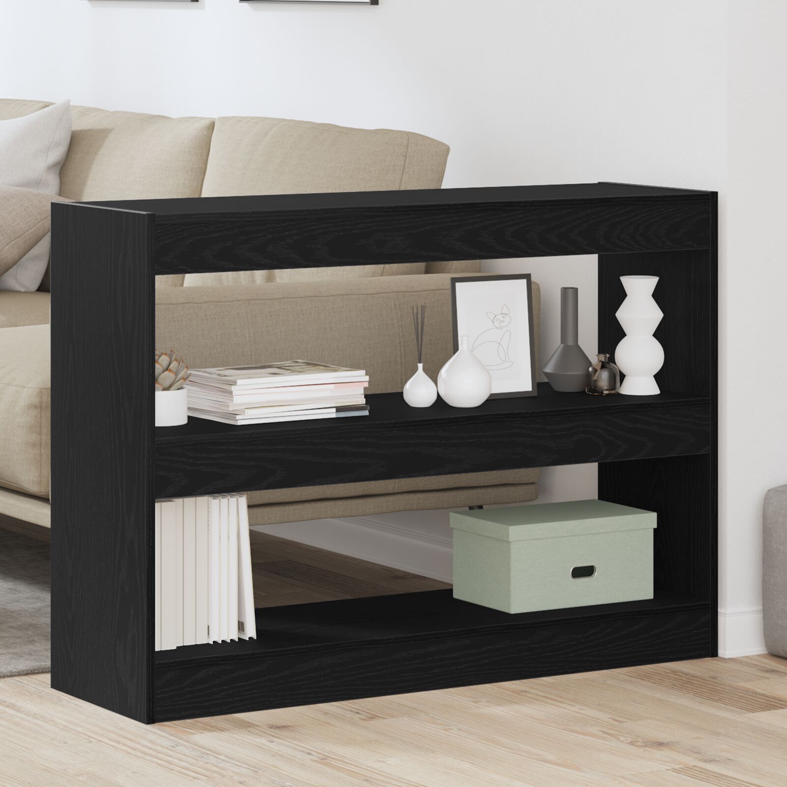 Boekenkast/Kamerdivider Zwart Eiken 100X30X72 Cm Bewerkt Hout