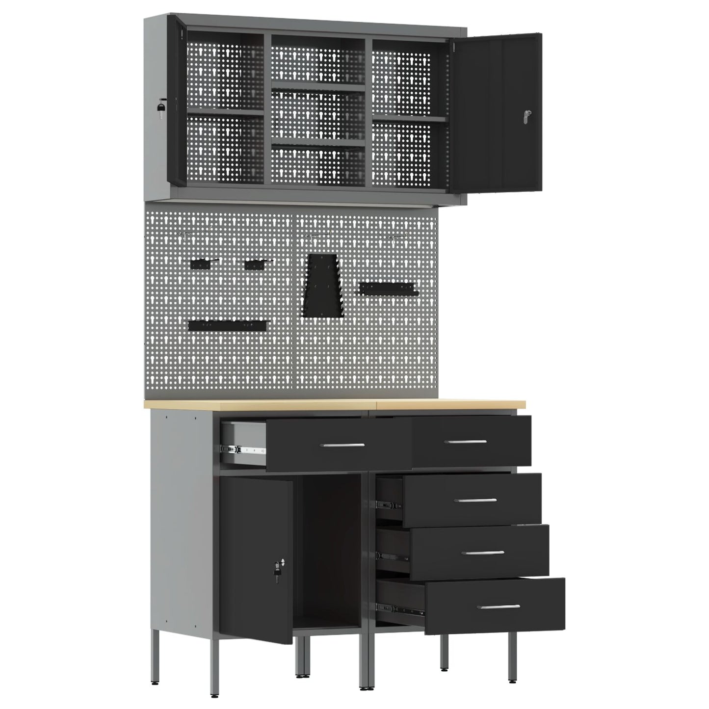 5-Delige Werkbank Set Staal 2x (84/85 cm) Zwart 2x kast + 2x pegboard + kast met deur