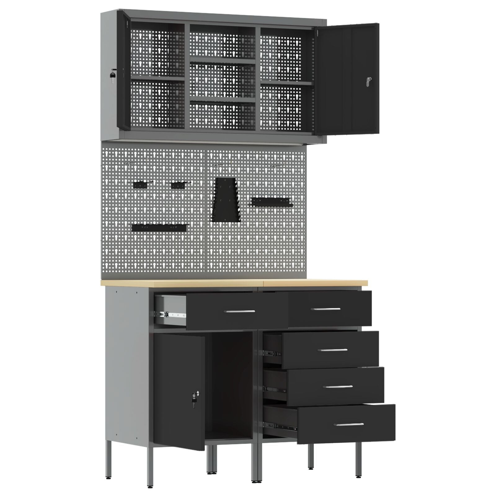 5-Delige Werkbank Set Staal 2x (84/85 cm) Zwart 2x kast + 2x pegboard + kast met deur