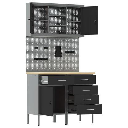 5-Delige Werkbank Set Staal 2x (84/85 cm) Zwart 2x kast + 2x pegboard + kast met deur