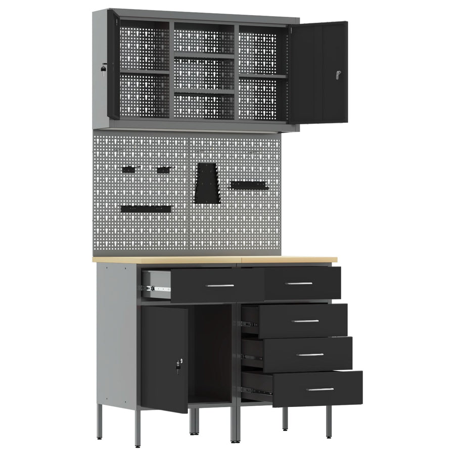 5-Delige Werkbank Set Staal 2x (84/85 cm) Zwart 2x kast + 2x pegboard + kast met deur
