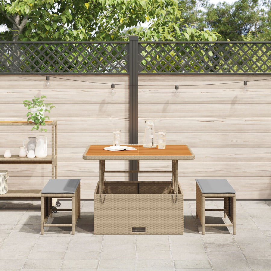 3-Delige Tuin Eettafelset Met Kussens Poly Rattan Acacia 100 cm Beige en grijs 2 krukken