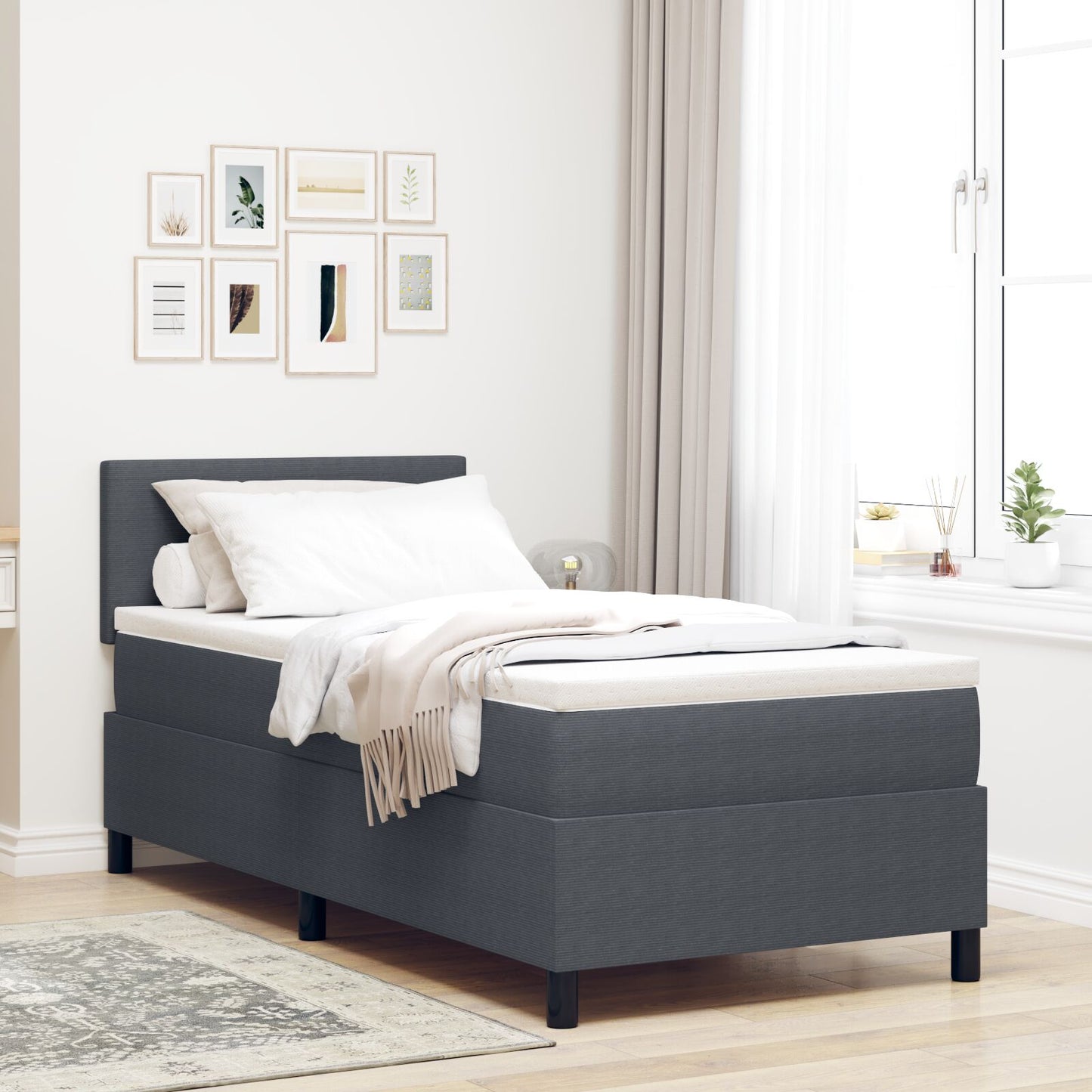 Boxspring Bed Met Matras Donkergrijs Eenpersoons Corduroy Stof