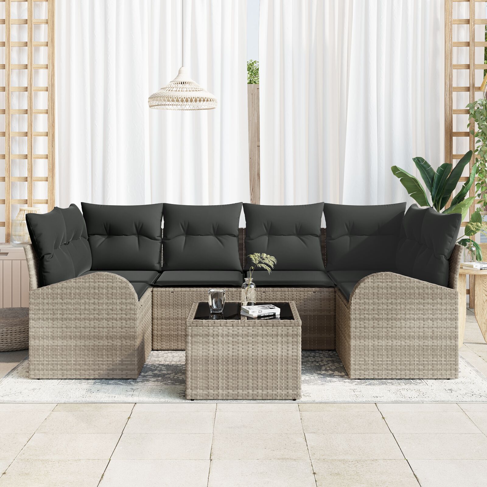 7-Delige Tuinbank Set Met Kussens Lichtgrijs Poly Rattan