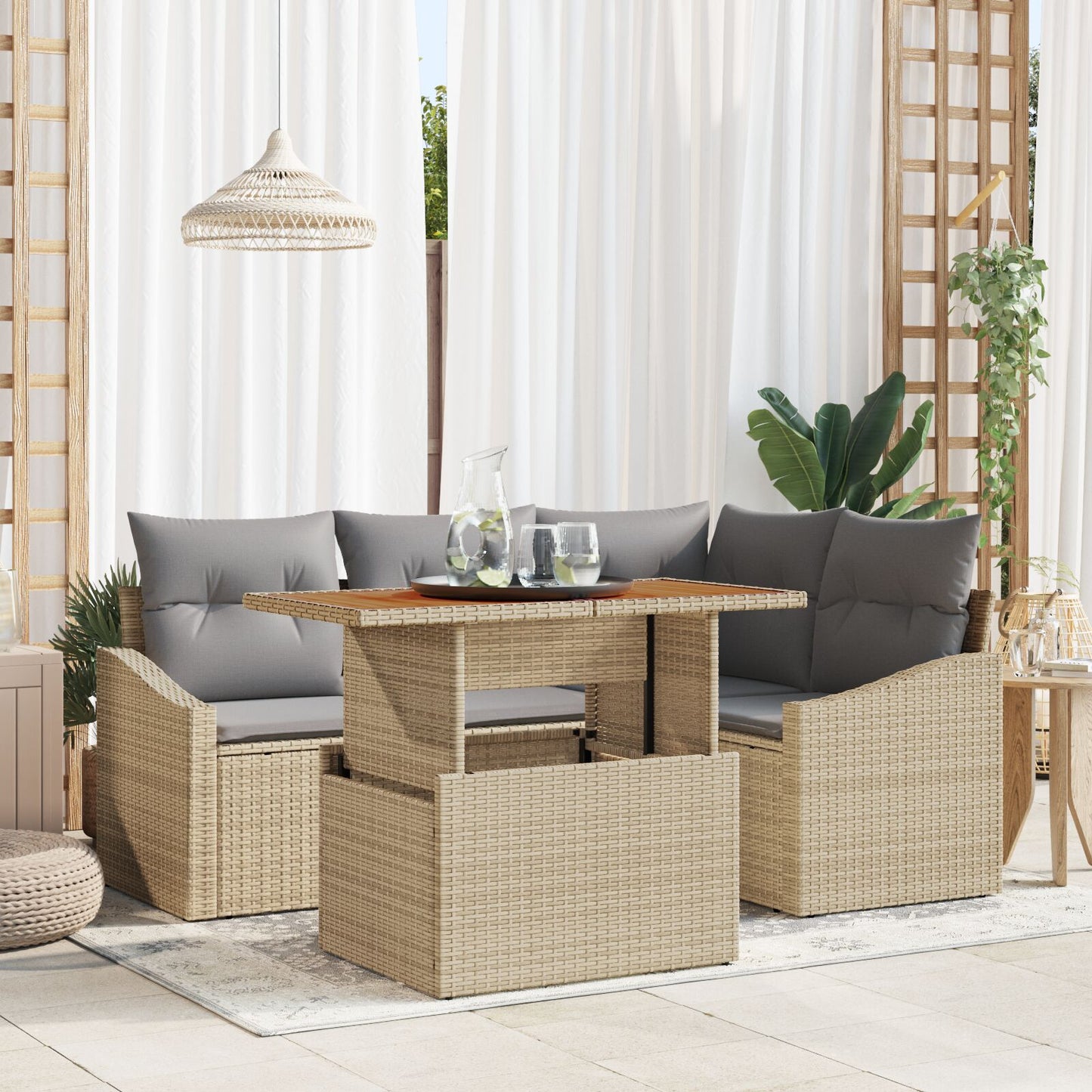 5-Delige Tuindining Set Met Kussens Beige Poly Rattan Acacia