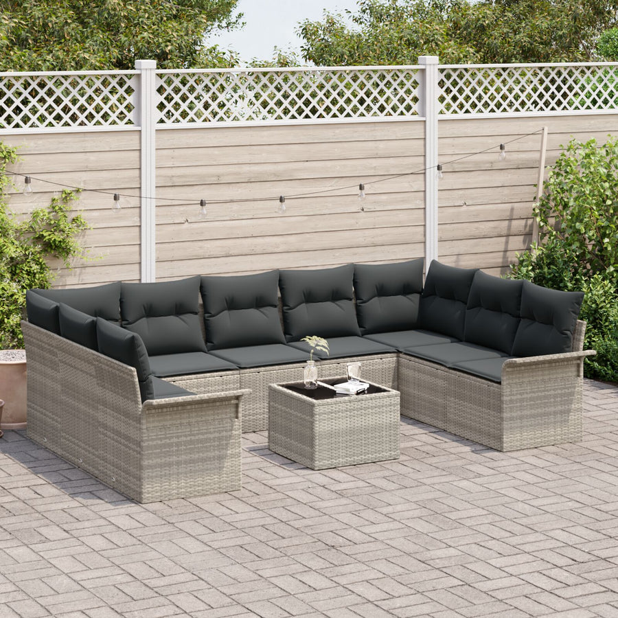 10-Delige Tuin Sofa Set Met Kussens Grijs Poly Rattan Lichtgrijs met tafel