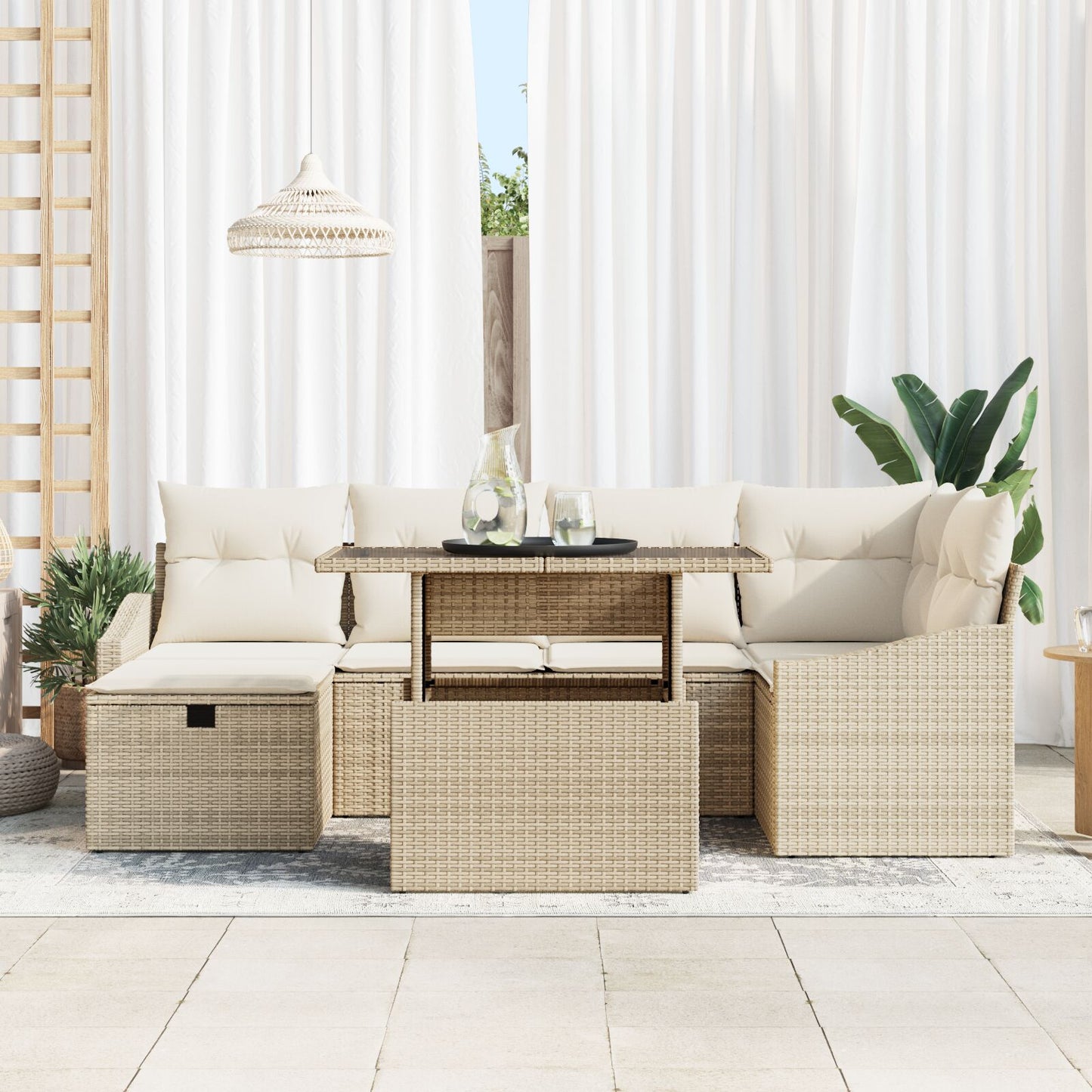 7-Delige Tuin Sofa Set Met Kussens Beige Poly Rattan