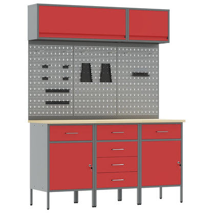 8-Delige Werkbank Set Staal 3x (84/84/85 cm) Rood 3x kast + 3x prikbord + 2x kast met deur