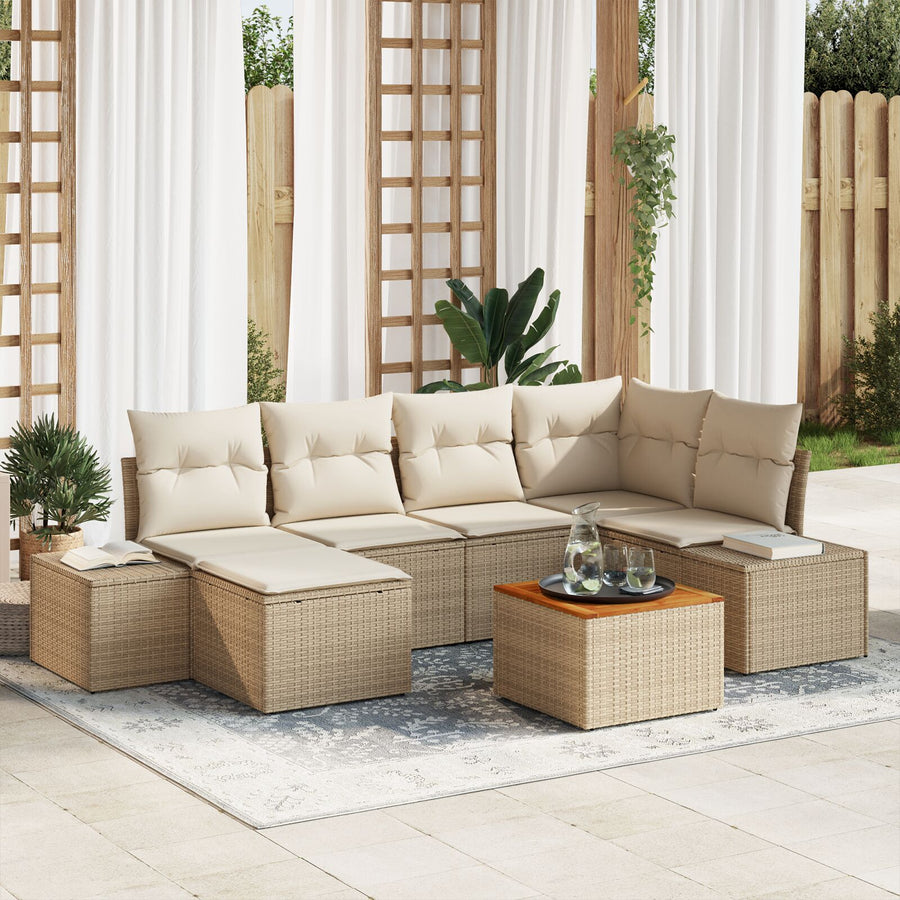 7-Delige Tuin Sofa Set Met Kussens Beige Poly Rattan Acacia
