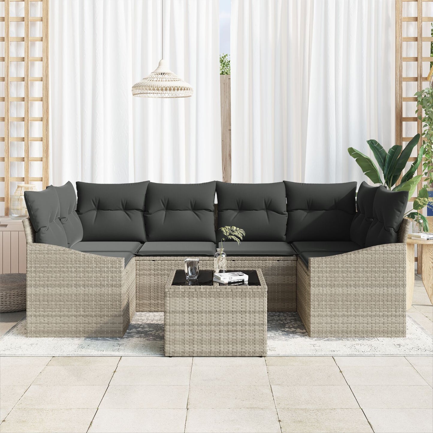 Tuin Sofa Set Set Van 7 Beige En Donkergrijs Rattan Gegalvaniseerd Staal