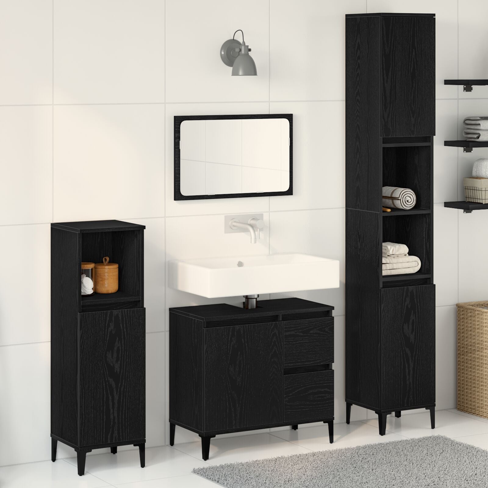 Badkamermeubel Set Set Van 3 Zwart Eiken Mdf