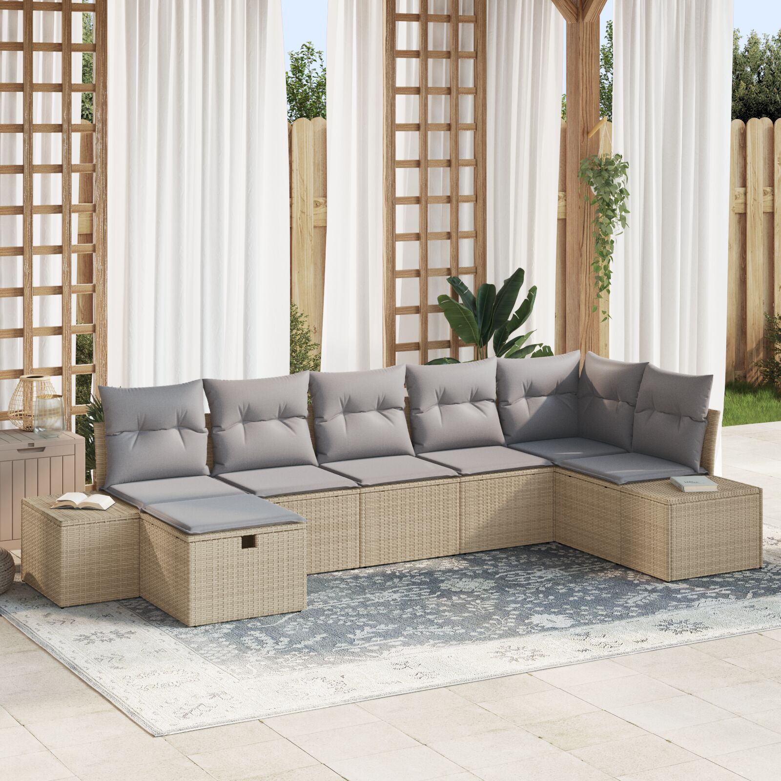 7-Delige Tuin Sofa Set Met Kussens Beige Poly Rattan