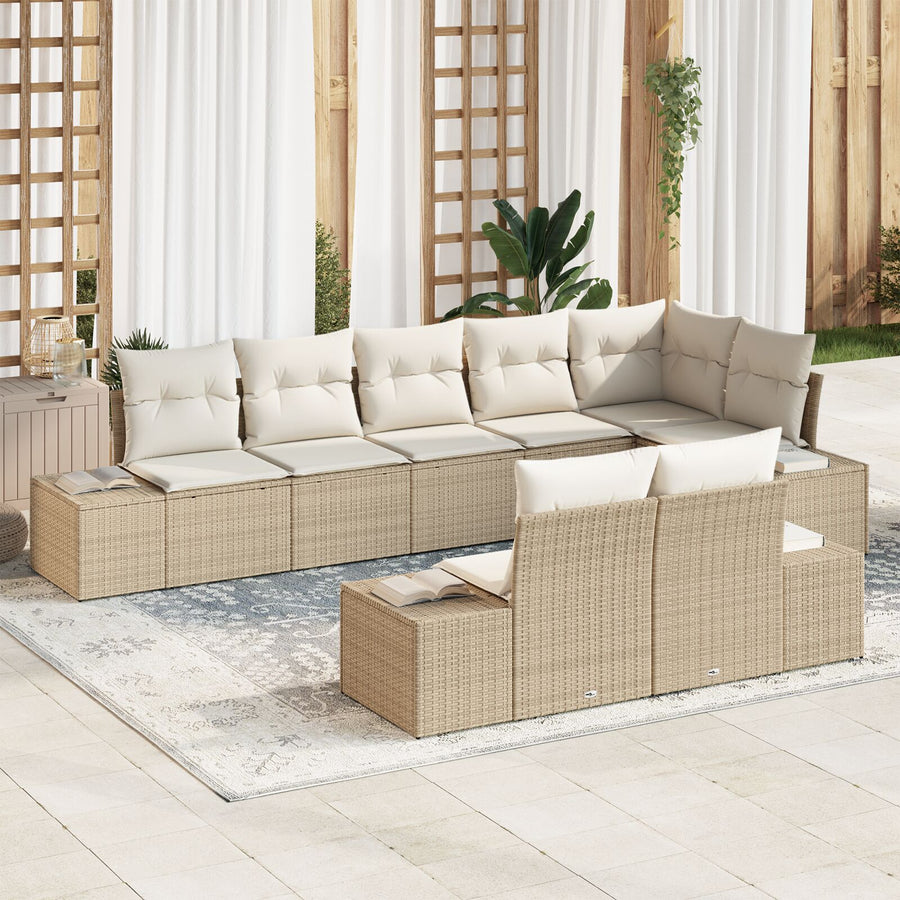 8-Delige Tuinbankset Met Kussens Poly Rattan Beige en wit zonder tafel