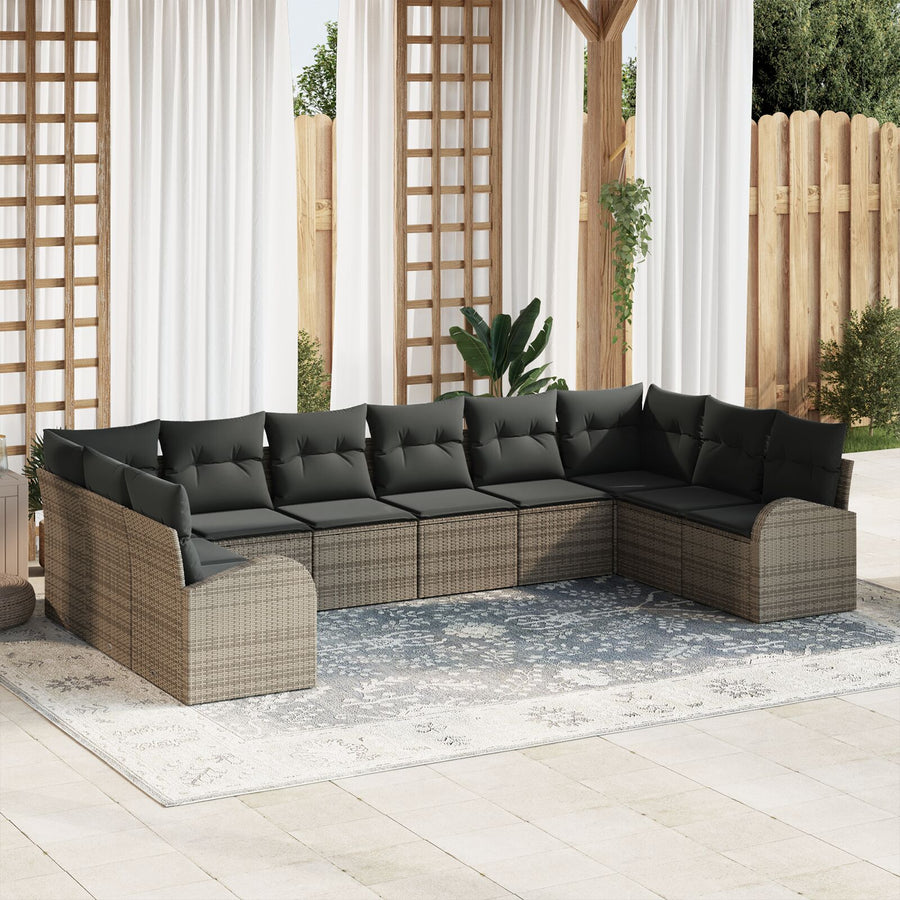 10-Delige Tuinschoon Set Met Kussens Grijs Poly Rattan