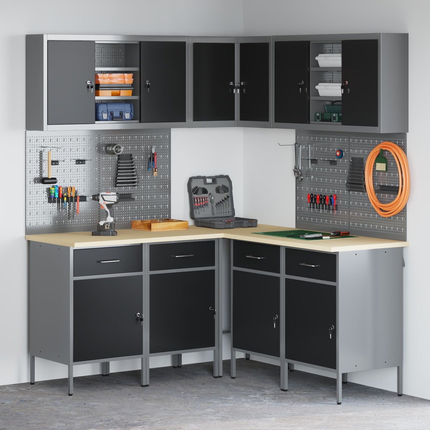 12-Delige Werkplaatskast En Pegboard Set Mdf En Metaal 4x (84 cm) Zwart Tafel + 7x kast + 6x pegboard