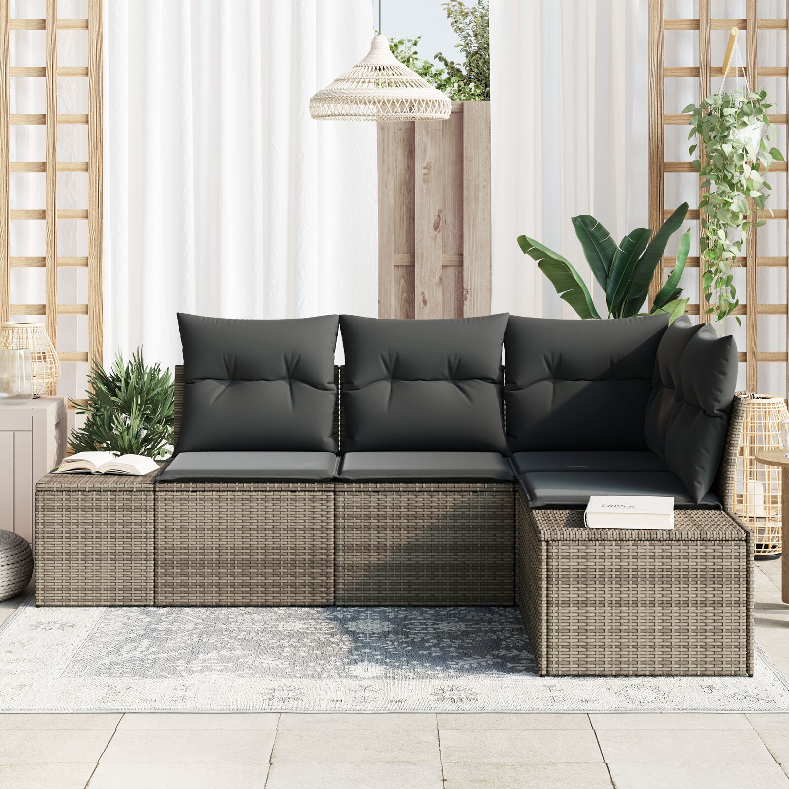 4 Delige Tuin Sofa Set Met Kussens Poly Rattan Grijs zonder tafel
