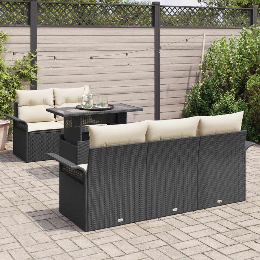 6-Delige Tuin Sofaset Met Kussens Zwart Poly Rattan