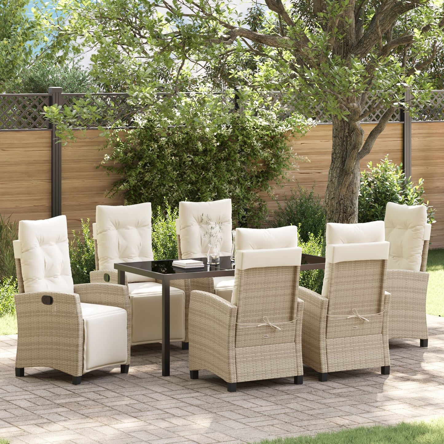 7-Delige Tuin Eettafel Set Beige Poly Rattan