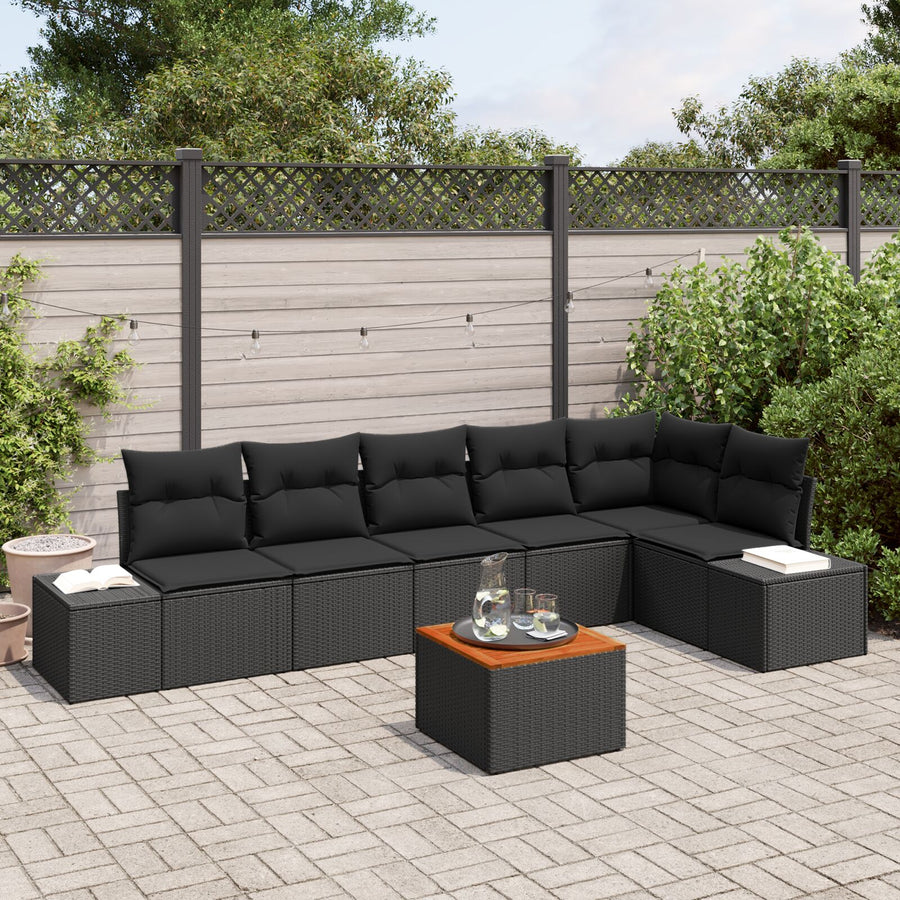 7-Delige Tuin Sofa Set Met Kussens Zwart Poly Rattan Acacia