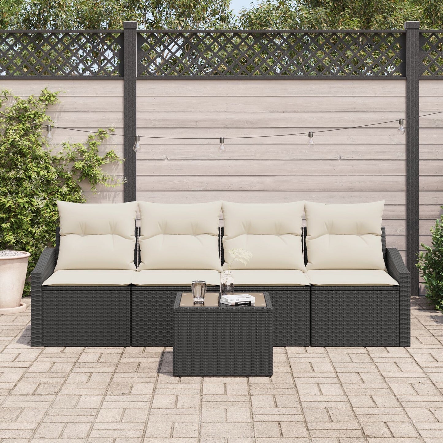5-Delige Tuin Sofa Set Met Kussens Zwart Poly Rattan